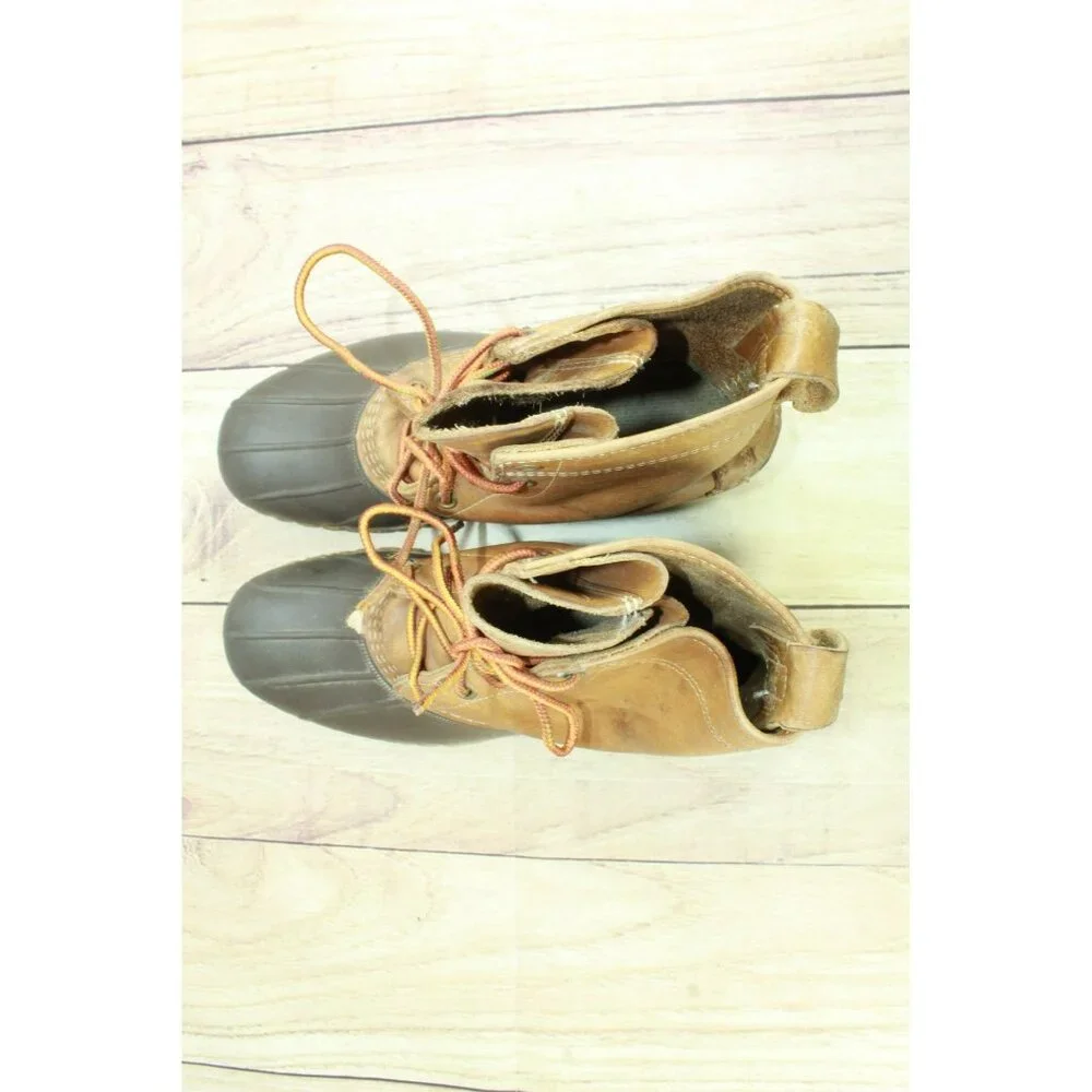 LL Bean Brown Leather Lace Up Round Toe Unlined Ankle Duck Boots Size 9 M - Picture 7 of 9